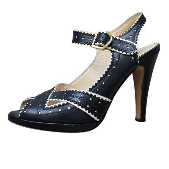 Max Mara Y2K Black White Leather Peep Toe Heels Size 37 Mary Jane Stiletto - Picture 1 of 8